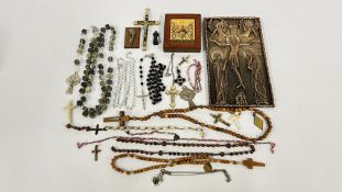 A GROUP OF ROSARY BEADS, PLAQUES AND AN ICON ETC.
