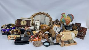 3 X BOXES CONTAINING AN EXTENSIVE GROUP OF COLLECTIBLES, TREEN AND METAL WARE, YARMOUTH POTTERY MUG,