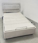 RISE AND RECLINE ADJUSTABLE MOBILITY BED, WIDTH 120CM, WITH LIGHT GREY UPHOLSTERY - NO MATTRESS.