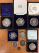 MEDALLIONS: SMALL COLLECTION SILVER OR WHITE METAL MEDALLIONS, PRIZE MEDALS, ETC. (9).