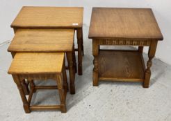 NEST OF THREE GRADUATED OAK FINISH OCCASIONAL TABLES AND OAK FINISH TWO TIER LAMP TABLE.