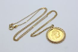 AUSTRIAN 4 DUCAT GOLD COIN (1915 RESTRIKE) ENCAPSULATED IN 9CT GOLD PENDANT MOUNT STRUNG FROM A