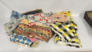 A GROUP OF ORIGINAL 1950'S AND 60'S MATERIAL AND LATER + AN ABSTRACT HAND MADE FISH SIGNED WOOL