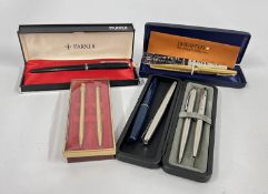 A SHEAFFER FOUNTAIN PEN WITH A 14K GOLD NIB IN A FITTED BOX, PARKER PENS AND PENCILS ETC.