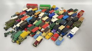 A TRAY OF OVER 50 UNBOXED MODELS BY LLEDO, CORGI AND MATCHBOX IN V.G.C.