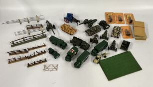 A BOX CONTAINING MILITARY VEHICLES & FIGURES.