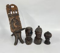 4 PIECES OF HARD WOOD AFRICAN TRIBAL CRAFTS TO INCLUDE BIRTHING CHAIR AND LIDDED URN.