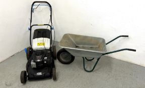 MACALLISTER MLMP500SP46-2 PETROL SELF PROPELLED LAWN MOWER ALONG WITH METAL GARDEN WHEELBARROW.