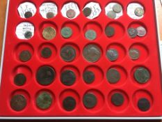 COINS: LINDNER COIN TRAY WITH ENGLISH COPPER AND BRONZE, 17th CENTURY TOKENS (7),