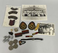 A VINTAGE SWAGGER STICK AND ASSORTED MILITARIA.