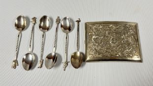 AN EMBOSSED ORIENTAL WHITE METAL CIGARETTE CASE + A SET OF 6 WHITE METAL SPOONS.