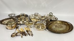 A QUANTITY OF PLATED WARES TO INCLUDE CRUETS, TWO HANDLED TRAY, TUREENS, CUTLERY ETC.