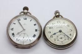 SILVER CASED OMEGA POCKET WATCH ALONG WITH ANOTHER POCKET WATCH, THE FACE MARKED W.