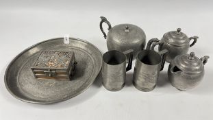 AN ANTIQUE KUT HING SWATOW 4 PIECE PEWTER TEA SET + TWO FURTHER SIMILAR TANKARDS AND A TRINKET BOX
