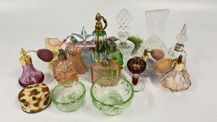 A GROUP OF ART DECO AND LATER GLASS SCENT BOTTLES, SILVER RIM, LONDON 1909.