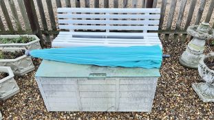 A WHITE UPVC GARDEN BENCH,