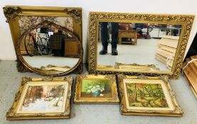 TWO GILT FRAMED WALL MIRRORS + AN ELABORATE GILT FRAMED TAPESTRY + 3 X GILT FRAMED OILS BEARING