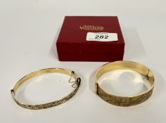A 9CT GOLD METAL CORE BANGLE WITH A FURTHER EXAMPLE MARKED 15 MICRON 9CT RG.