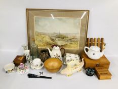 A GROUP OF COLLECTABLES TO INCLUDE FRAMED AND MOUNTED WATERCOLOUR PRINT 