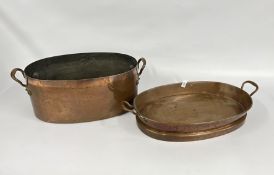 A LARGE ANTIQUE COPPER DOUBLE HANDLED DAUBIERE STOCK POT, MARKED T.G. COLES, L 60 X W 32X H 31CM.
