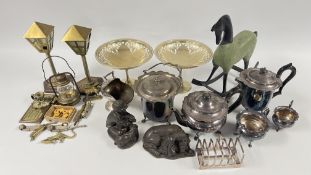 A BOX OF MIXED METAL WARE TO INCLUDE A PAIR OF OPEN WORK TAZZAS, ROCKING HORSE,