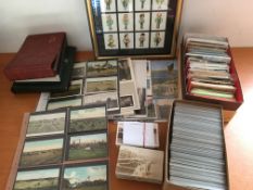 POSTCARDS: BOX WITH MIXED LOOSE CARDS, YORKSHIRE, SHELL ADVERT c1970's REPROS, EMPTY ALBUMS,