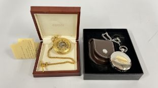 A BOXED 'JEAN PIERRE' GILT POCKET WATCH ALONG WITH A JEAN PIERRE BOXED POCKET WATCH WITH TRAVEL