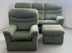 A G PLAN GREEN UPHOLSTERED TWO PIECE LOUNGE SUITE (3 SEATER PLUS EASY CHAIR AND MATCHING STOOL).