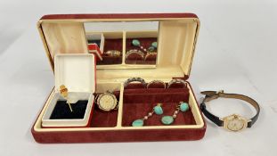 A 9CT GOLD CASED LADIES ROTARY WRIST WATCH ON BLACK LEATHER STRAP A/F (GLASS MISSING),