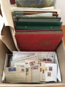 STAMPS: BOX WITH THE BALANCE OF A COLLECTION IN FIVE VOLUMES AND LOOSE, MUCH TO SORT THROUGH.