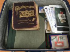 STAMPS: SUITCASE WITH A COLLECTION IN THREE ALBUMS, EXERCISE BOOKS AND LOOSE, EUROPE, USA, PERSIA,
