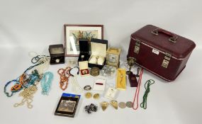 A VANITY CASE AND CONTENTS TO INCLUDE BEADED HARD STONE NECKLACES,