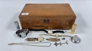 A VINTAGE WOODEN BOX BEARING MONOGRAM,