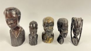 A GROUP OF 5 ETHNIC CARVED BUSTS.