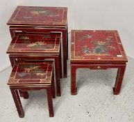 A NEST OF THREE GRADUATED CHINESE STYLE RED LACQUERED TABLES, ALONG WITH A FURTHER SIDE TABLE.