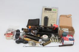 BOX CONTAINING ASSORTED SHOOTING ACCESSORIES TO INCLUDE RIFLE SCOPES, PELLETS,