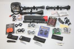 BOX OF SHOOTING AND RIFLE ACCESSORIES TO INCLUDE FOUR ASSORTED SCOPES,