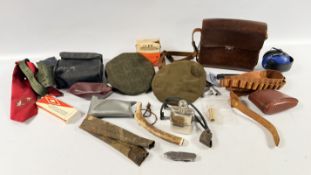 A GROUP OF SHOOTING ACCESSORIES TO INCLUDE HATS, CARTRIDGE BELT, 12 GAUGE CARTRIDGES,