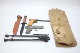 VINTAGE CANVAS GUN SLIP, RIFLE BIPOD, DIANA MOD 2 AIR PISTOL CAP GUN AND USMC SHEAF KNIFE.