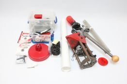 A WOODEN BOX CONTAINING RE-LOADING EQUIPMENT TO INCLUDE DIES AND SCALE ETC.