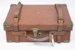 ANTIQUE BRASS BOUND LEATHER CARTRIDGE MAGAZINE BEARING C.S.