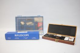 A GROUP OF SHOOTING ACCESSORIES TO INCLUDE AS NEW BOXED CENTRE POINT 3-9X40 AO RIFLE SCOPE,