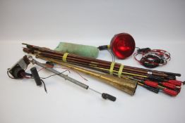 A COLLECTION MIXED GAUGE CLEANING RODS, DUMMY, HORN, 12V LAMP, WINDOW LAMP MOUNT.