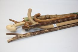 BUNDLE OF 9 ASSORTED SHOOTING AND WALKING STICKS INCLUDING HORN HANDLED ETC.