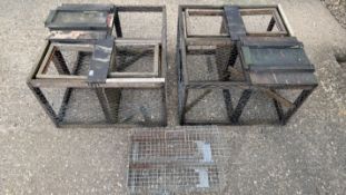 TWO WOODEN FRAMED HAND MADE LARSEN TRAPS + 3 GALVANIZED LARSEN TRAPS.