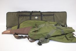 3 ASSORTED GUN SLIPS INCLUDING GUN GEAR, PADDED + CANVAS ROW BAG.