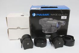 BOXED PULSAR FORWARD DFA75 DIGITAL NIGHT VISION ATTACHMENT ALONG WITH TWO BOXED COVER RING ADAPTORS