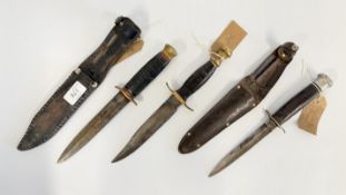 TAYLOR WITNESS WW2 FIGHTING KNIFE WITH LEATHER SHEAF + TWO OTHER ANTIQUE KNIVES INCLUDING WILLIAM