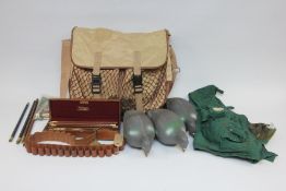 LARGE GAME BAG, 12G CARTRIDGE BELT, GALLYONS 12 GAUGE CLEANING KIT, DECOYS, ETC.
