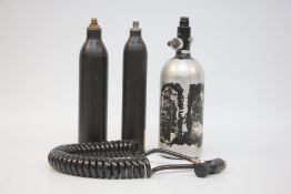 THREE HIGH PRESSURE CYLINDERS INCLUDING TWO BADDY BOTTLES + HIGH PRESSURE HOSE.